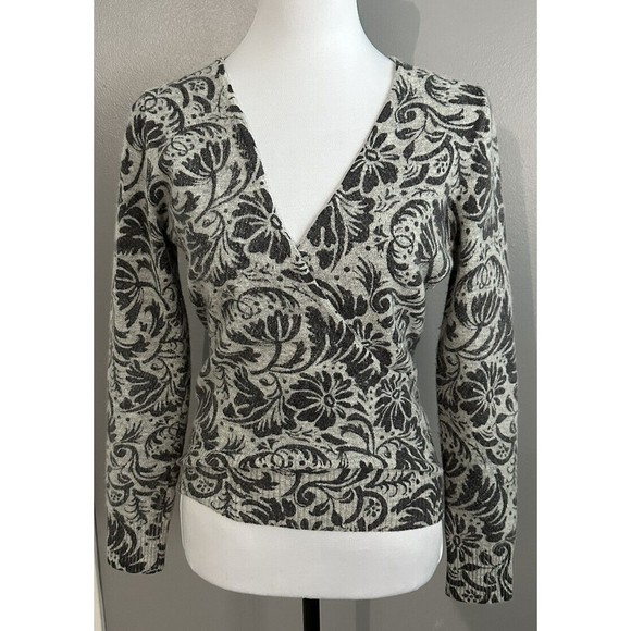 Carol Little Gray Floral Wool/Angora Blend Size S Sweater Faux Wrap V-Neck EUC - Picture 1 of 6